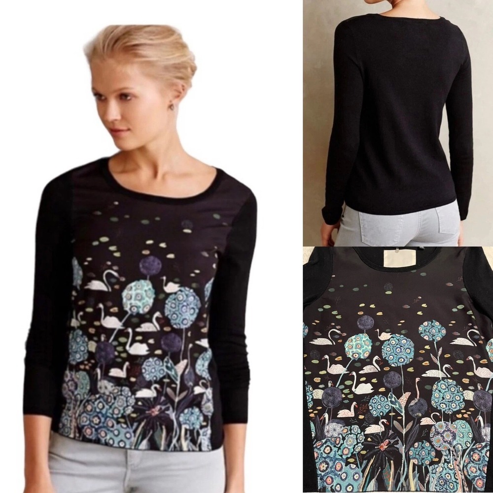 Michelle‎ Morin Anthropologie Mixed Media Sweater Black Swan Floral Print M